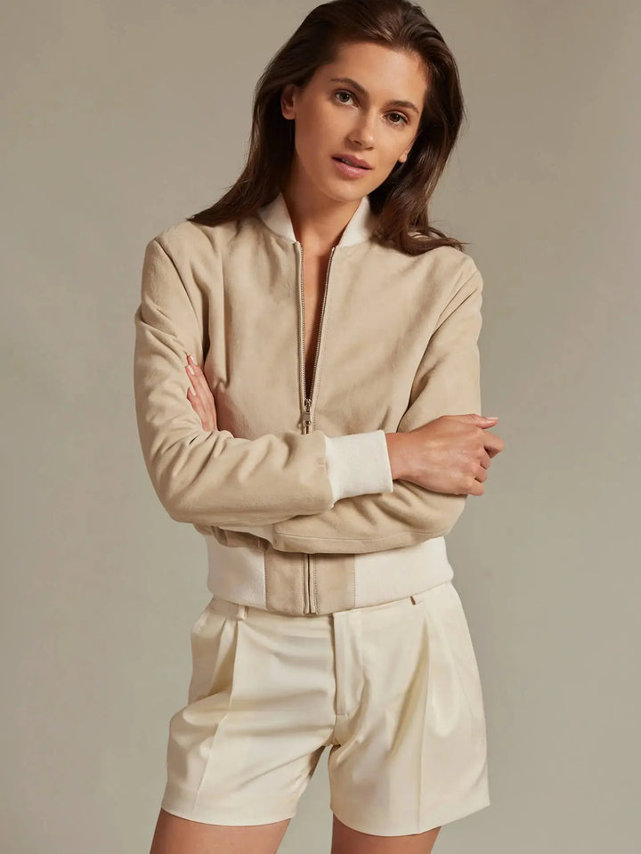 Women's Suede Bomber Jacket In Cream - Nigel Curtiss