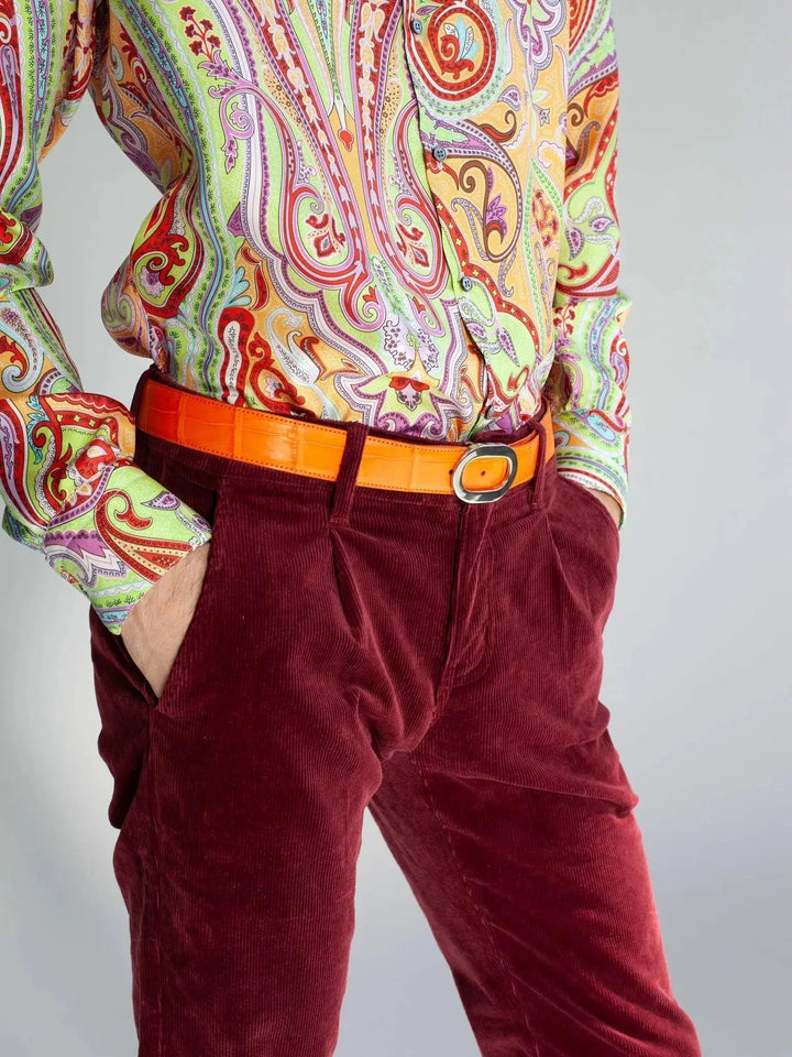 Men's 1 Pleat Stretch Corduroy In Burgundy - Nigel Curtiss