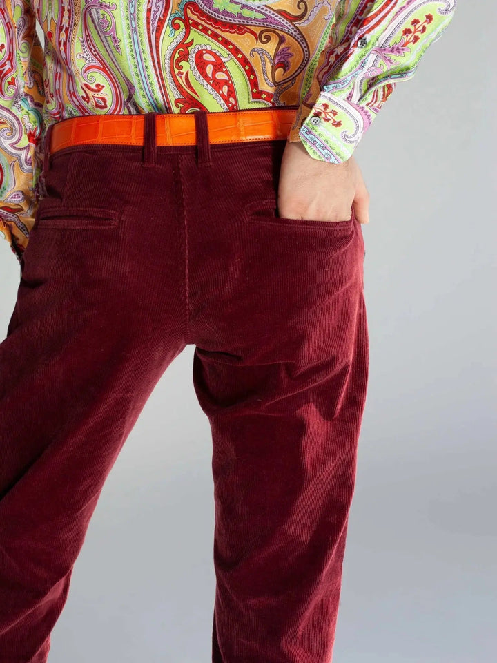 Men's 1 Pleat Stretch Corduroy In Burgundy - Nigel Curtiss