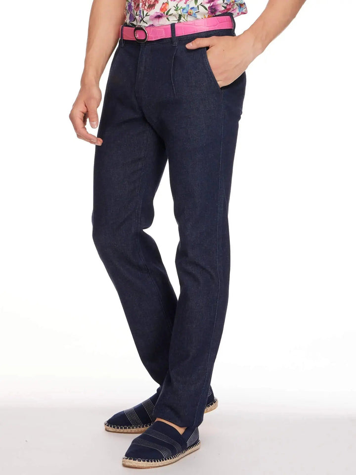 Men's 1 Pleat Stretch Denim Jean In Dark Blue - Nigel Curtiss