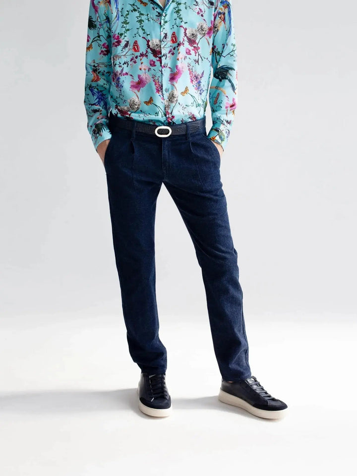 Men's 1 Pleat Stretch Denim Jean In Dark Blue - Nigel Curtiss