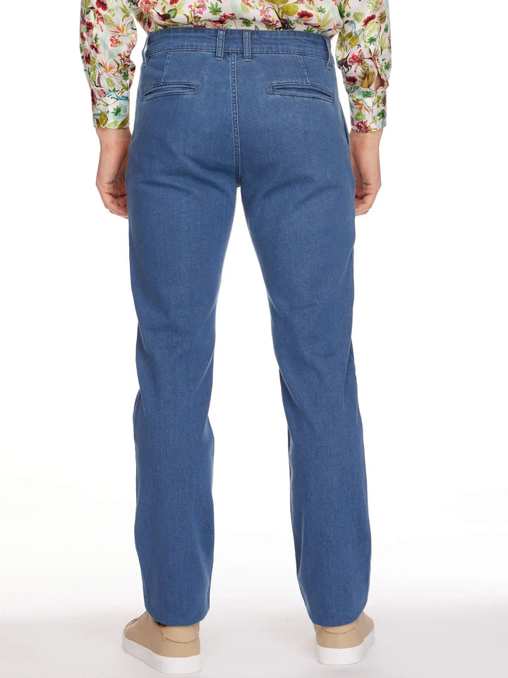 Men's 1 Pleat Stretch Denim Jean In Mid Blue - Nigel Curtiss