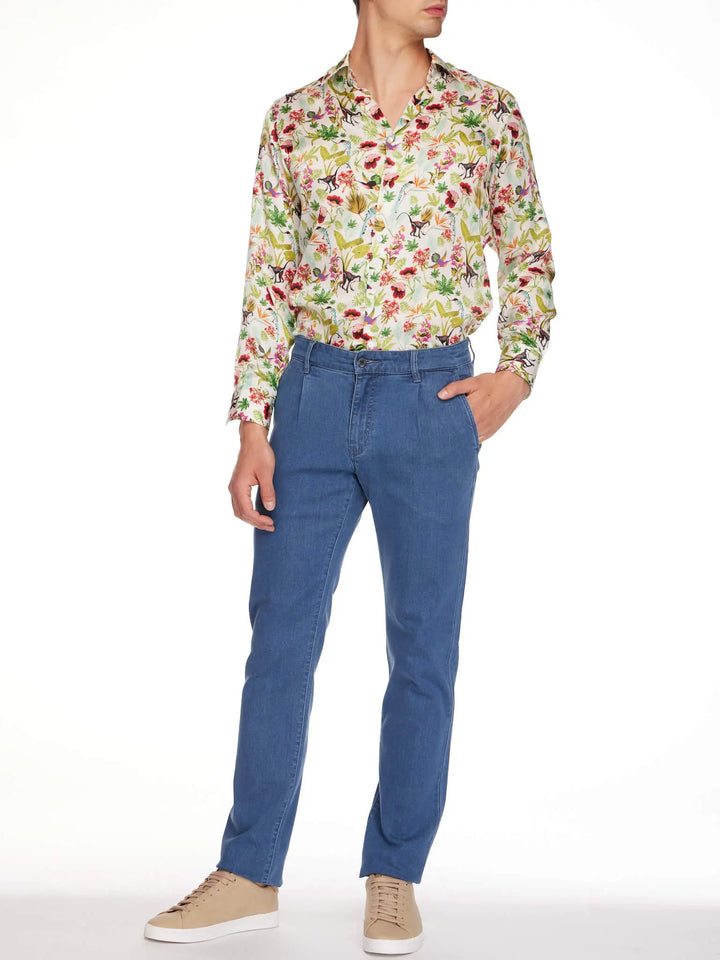 Men's 1 Pleat Stretch Denim Jean In Mid Blue - Nigel Curtiss