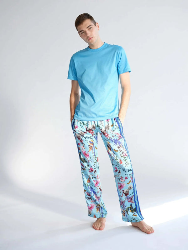 Men's Birds And Butterflies Silk Pajama Pant With Stripe - Nigel Curtiss