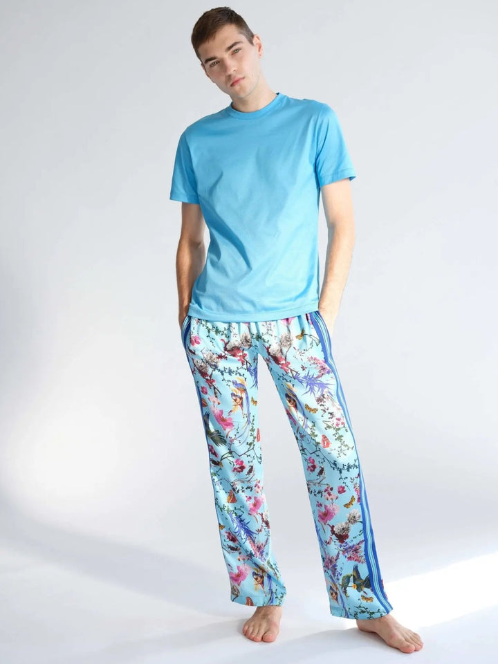 Men's Birds And Butterflies Silk Pajama Pant With Stripe - Nigel Curtiss