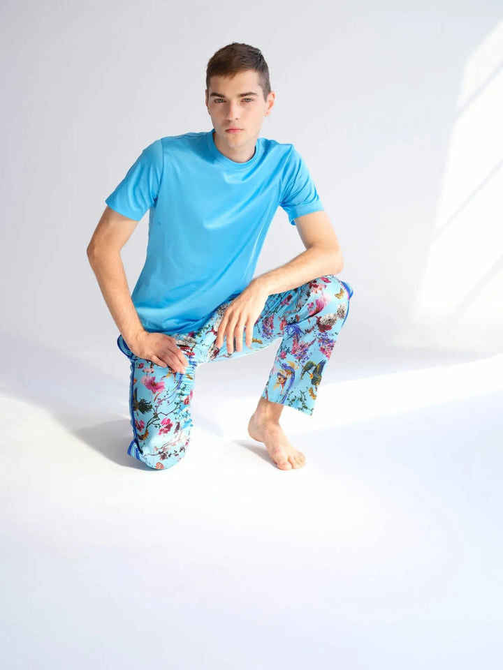 Men's Birds And Butterflies Silk Pajama Pant With Stripe - Nigel Curtiss