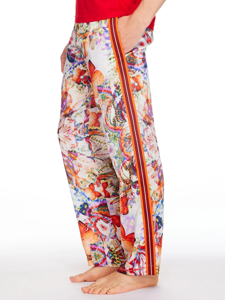 Men’s Butterfly Kaleidoscope Silk Pajama Pants With Orange/Red Stripe - Nigel Curtiss