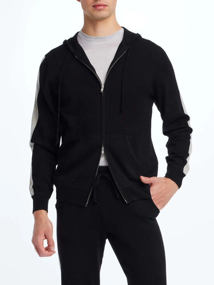 Men's Cashmere Hoodie In Black With Grey Stripe - Nigel Curtiss