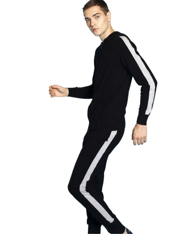 Men's Cashmere Sweatpant In Black With Grey Stripe - Nigel Curtiss