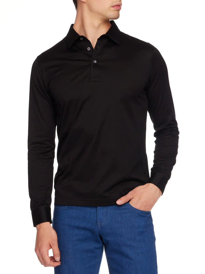 Men's Cotton Jersey Long Sleeve Polo In Black - Nigel Curtiss