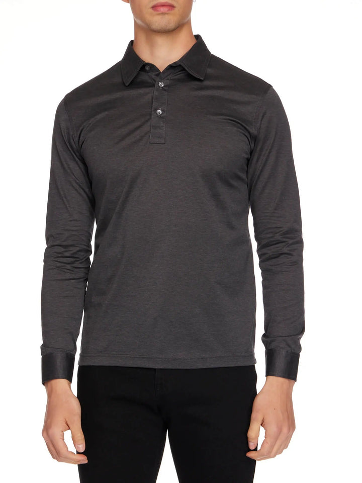 Men's Cotton Jersey Long Sleeve Polo In Dark Grey - Nigel Curtiss