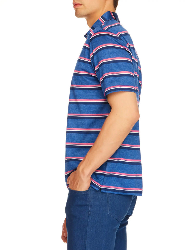 Men's Cotton Jersey Polo Shirt In Blue / Pink Stripe - Nigel Curtiss