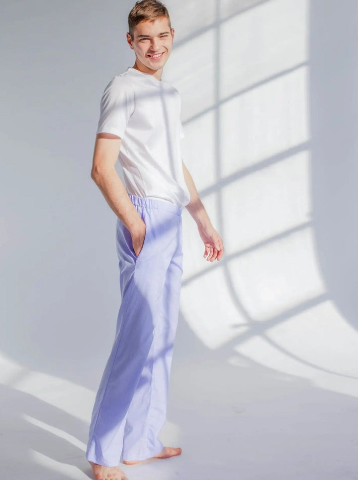 Men's Cotton Pajama Pant In Blue Poplin - Nigel Curtiss