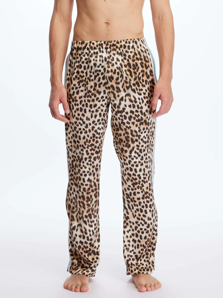 Men's Leopard Silk Pajama Pants With Stripe - Nigel Curtiss