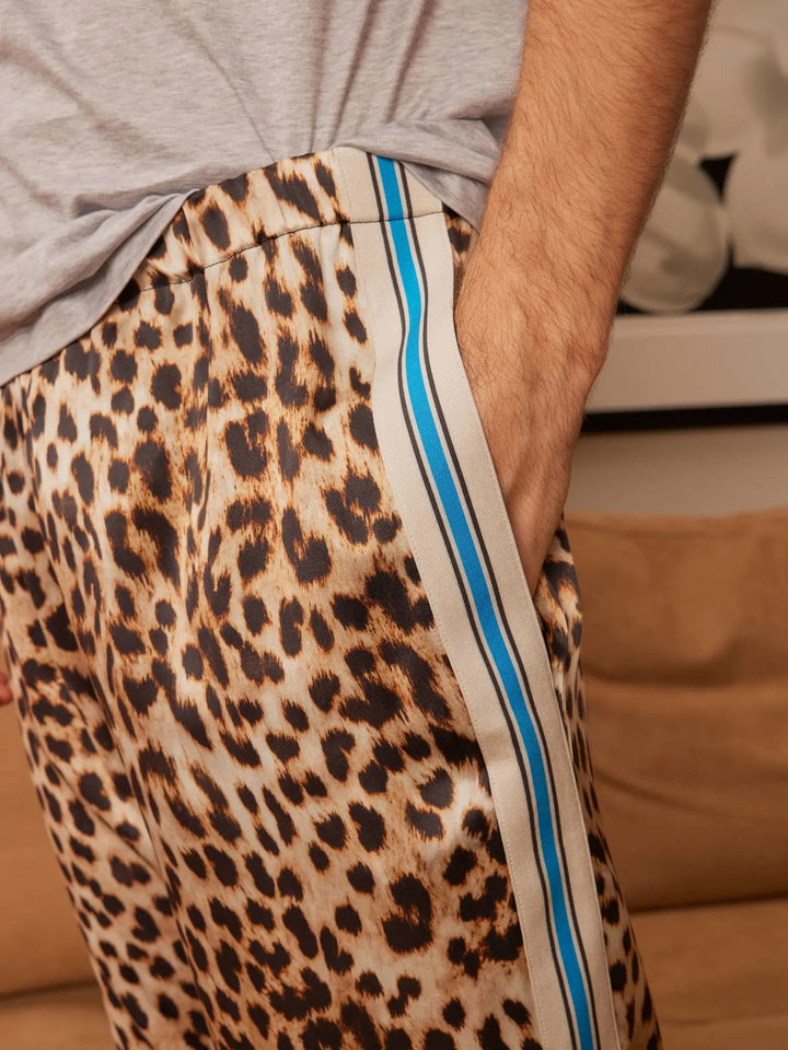 Men's Leopard Silk Pajama Pants With Stripe - Nigel Curtiss