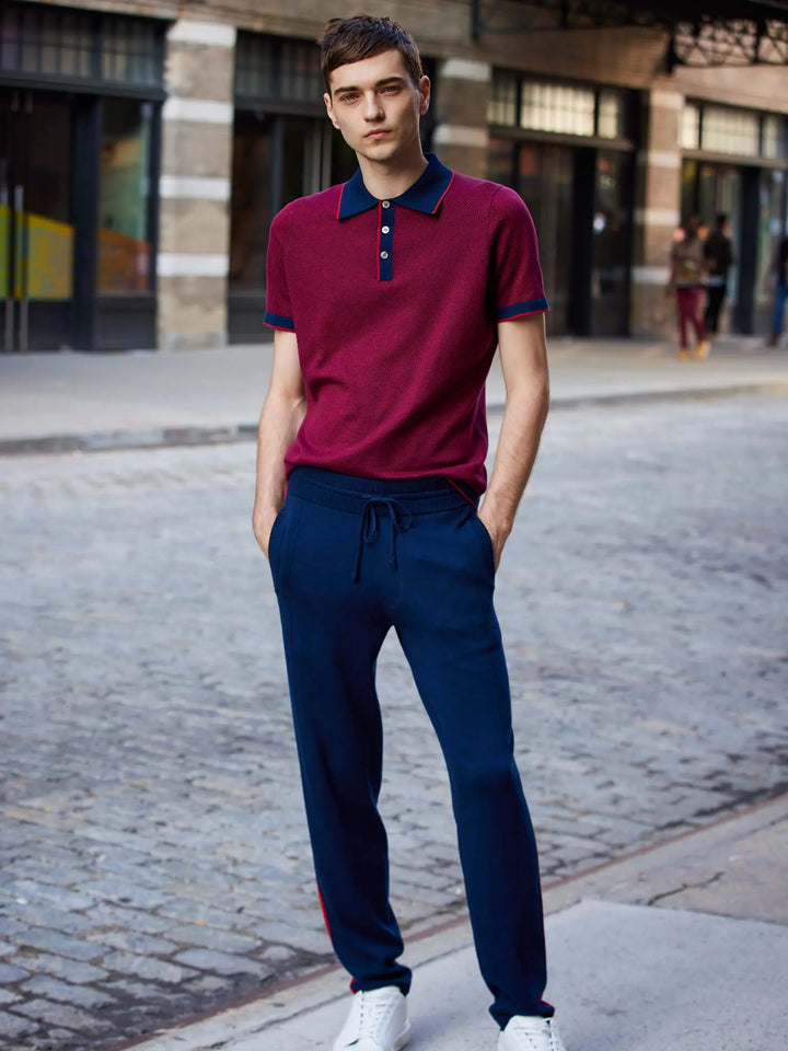 Men’s Pima Cotton Knitted Pants In Navy With Red Stripe - Nigel Curtiss