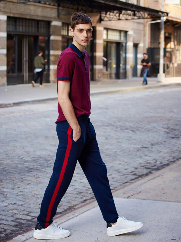 Men’s Pima Cotton Knitted Pants In Navy With Red Stripe - Nigel Curtiss