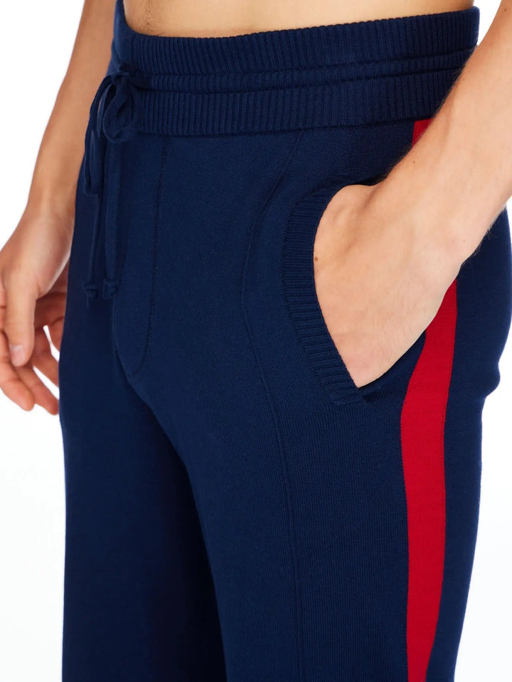 Men’s Pima Cotton Knitted Pants In Navy With Red Stripe - Nigel Curtiss