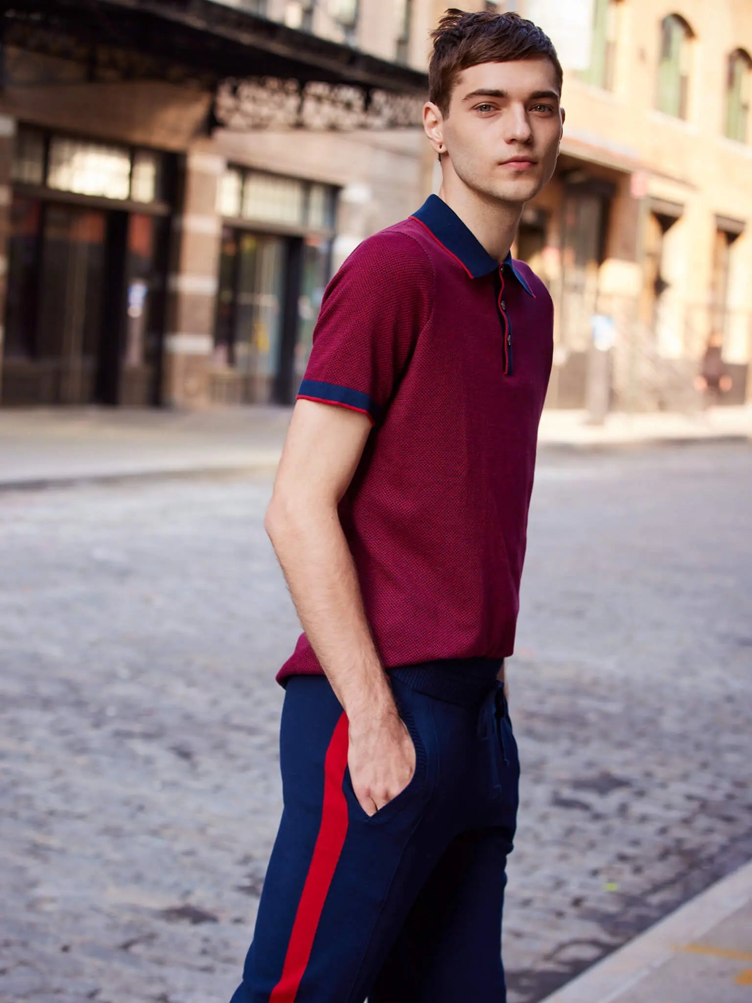 Blue pants online with red stripe
