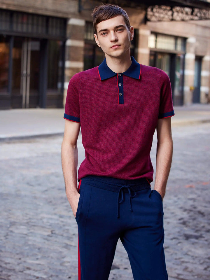 Men’s Pima Cotton Knitted Polo Shirt In Burgundy And Navy - Nigel Curtiss