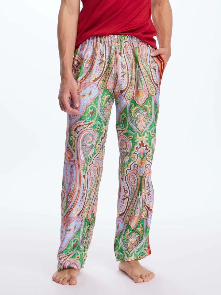 Men's Royal Paisley Silk Pajama Pants With Stripe - Nigel Curtiss