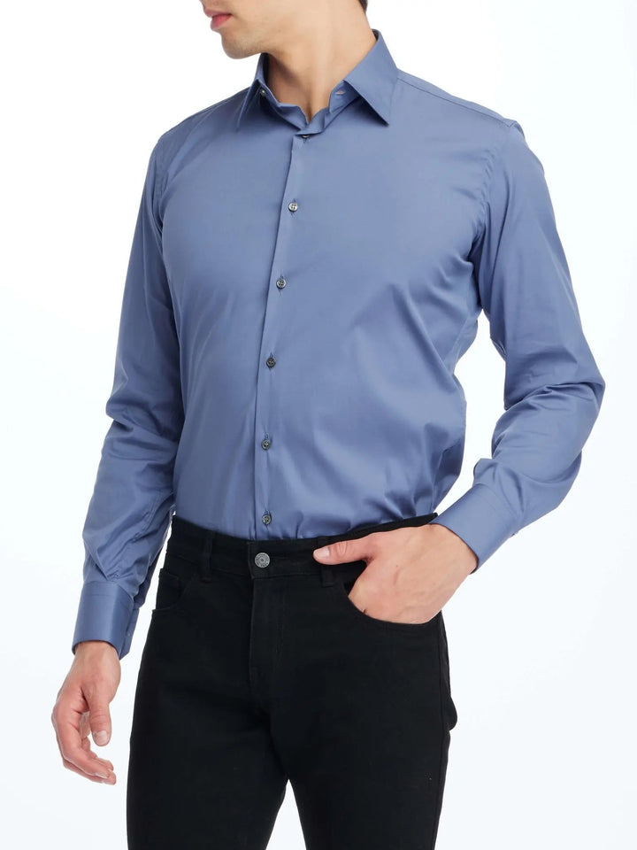 Men's Stretch Cotton Shirt In Mid Blue - Nigel Curtiss
