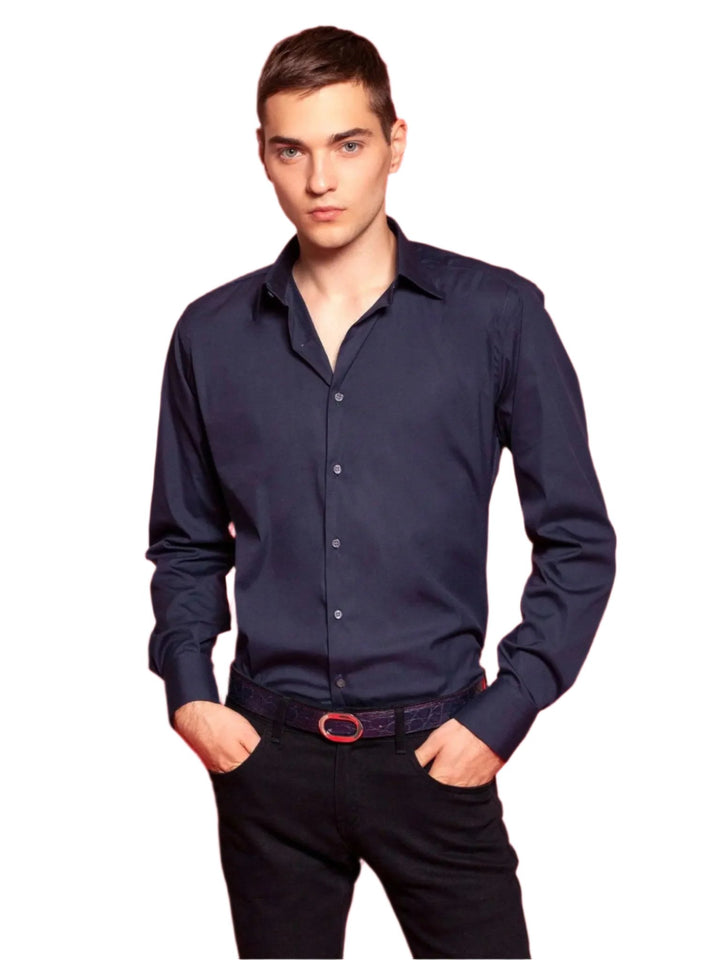 Men's Stretch Cotton Shirt In Navy - Nigel Curtiss