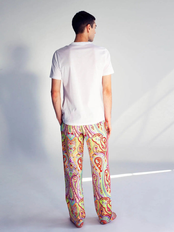 Men's Tangerine Paisley Silk Pajama Pant With Stripe - Nigel Curtiss