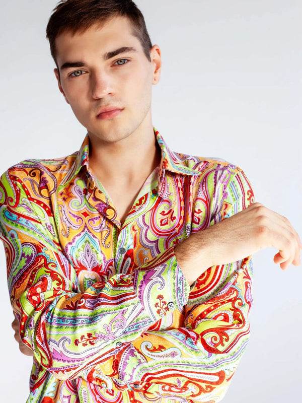 Men's Tangerine Paisley Silk Shirt - Nigel Curtiss