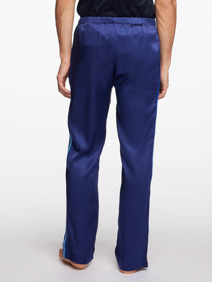 Royal Blue Silk Pajama Pants With Stripe - Nigel Curtiss