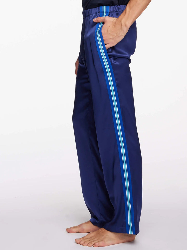 Royal Blue Silk Pajama Pants With Stripe - Nigel Curtiss