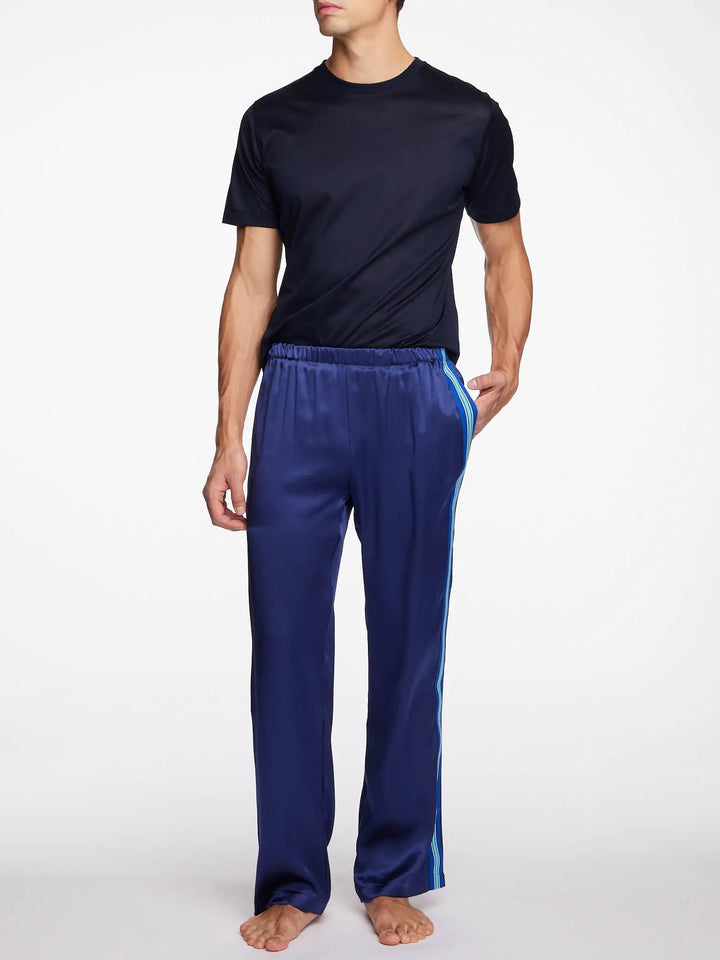 Royal Blue Silk Pajama Pants With Stripe - Nigel Curtiss