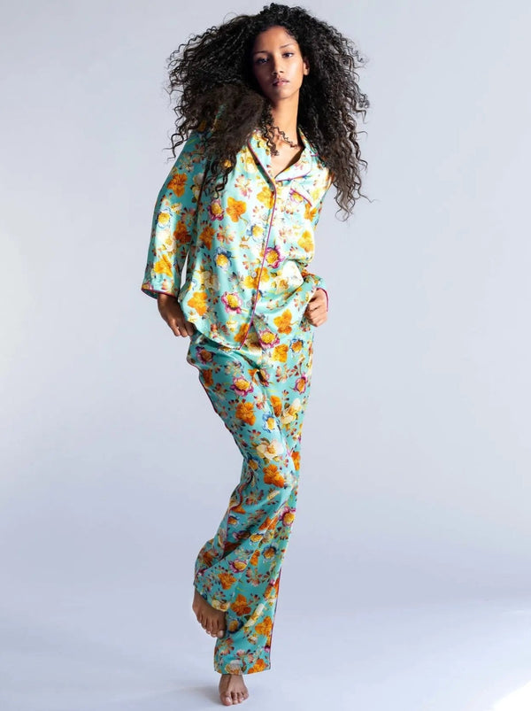 Women's Aqua De Flora Silk Pajama Set With Piping - Nigel Curtiss