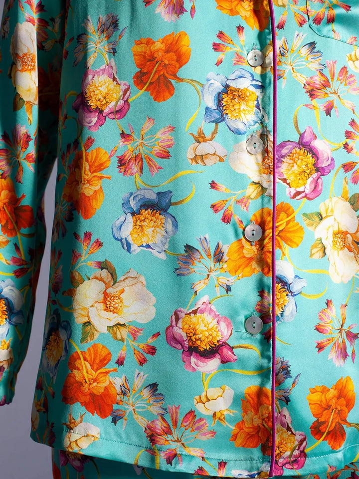 Women's Aqua De Flora Silk Pajama Set With Piping - Nigel Curtiss