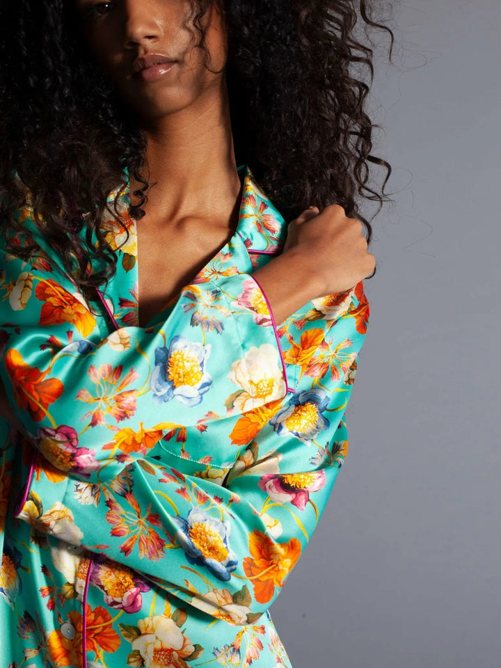Women's Aqua De Flora Silk Pajama Set With Piping - Nigel Curtiss