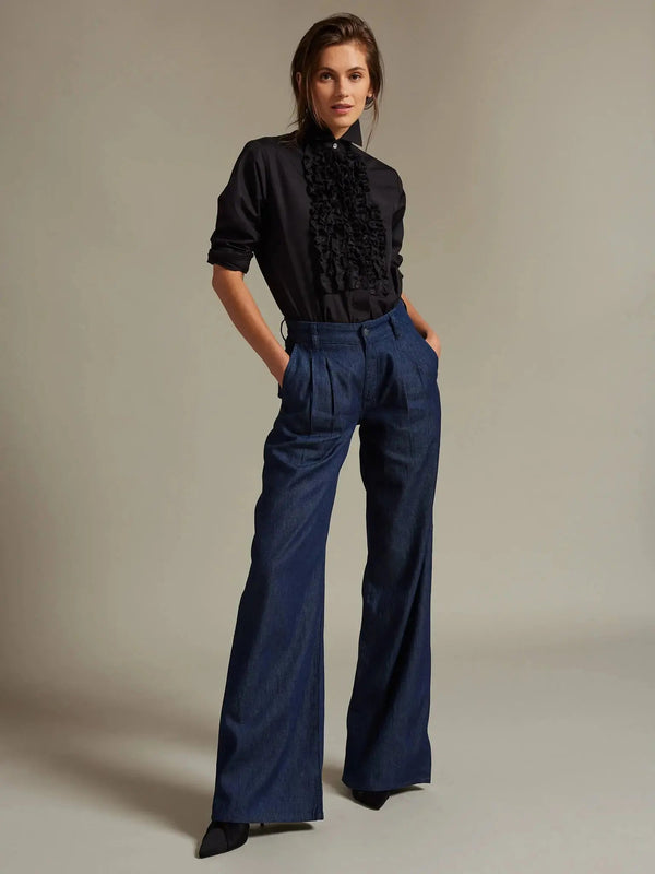 Women's Baggy Double Pleated Denim Jean In Dark Blue - Nigel Curtiss