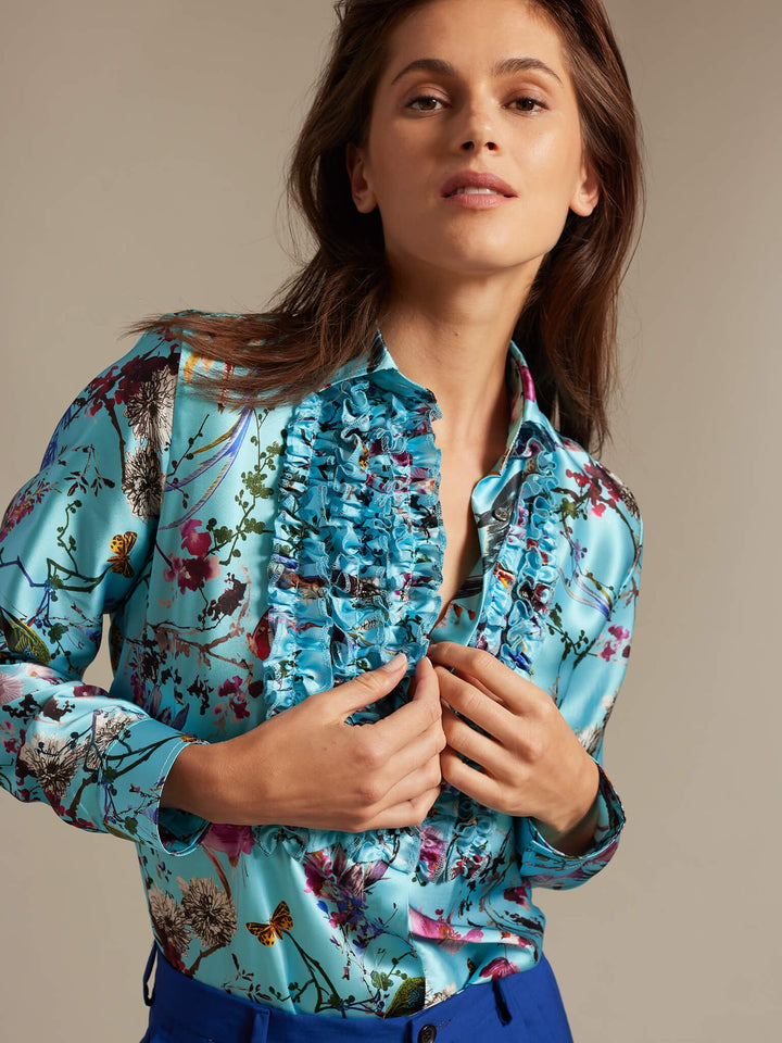 Women's Birds And Butterflies Ruffle Front Silk Shirt - Nigel Curtiss