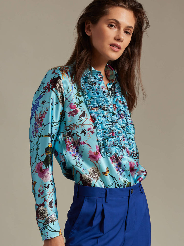 Women's Birds And Butterflies Ruffle Front Silk Shirt - Nigel Curtiss