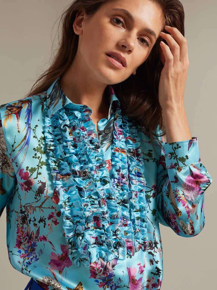 Women's Birds And Butterflies Ruffle Front Silk Shirt - Nigel Curtiss