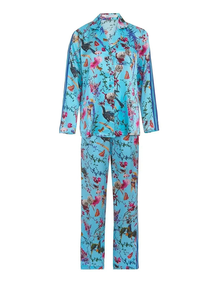 Women's Birds And Butterflies Silk Pajama Set With Stripe - Nigel Curtiss