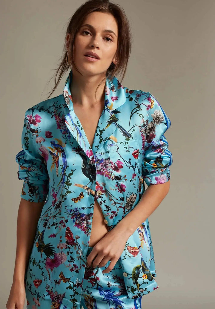 Women's Birds And Butterflies Silk Pajama Set With Stripe - Nigel Curtiss
