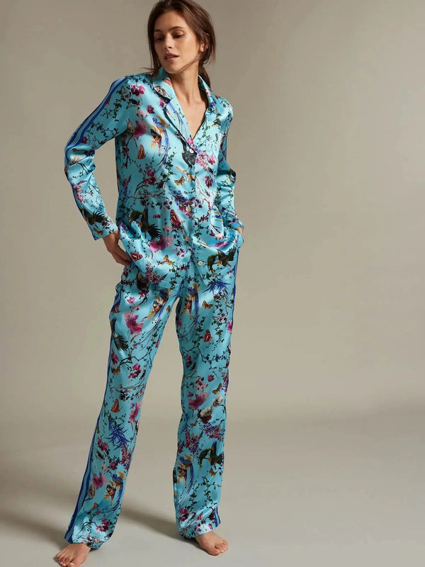 Women's Birds And Butterflies Silk Pajama Set With Stripe - Nigel Curtiss