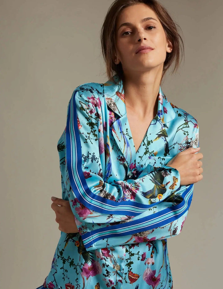 Women's Birds And Butterflies Silk Pajama Set With Stripe - Nigel Curtiss