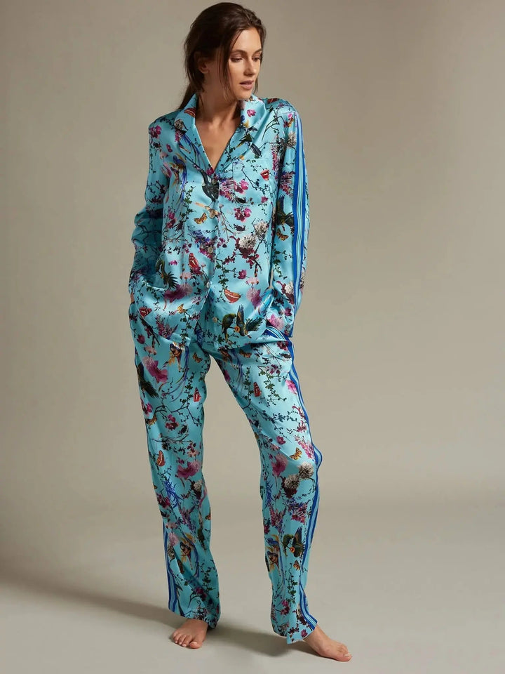 Women's Birds And Butterflies Silk Pajama Set With Stripe - Nigel Curtiss