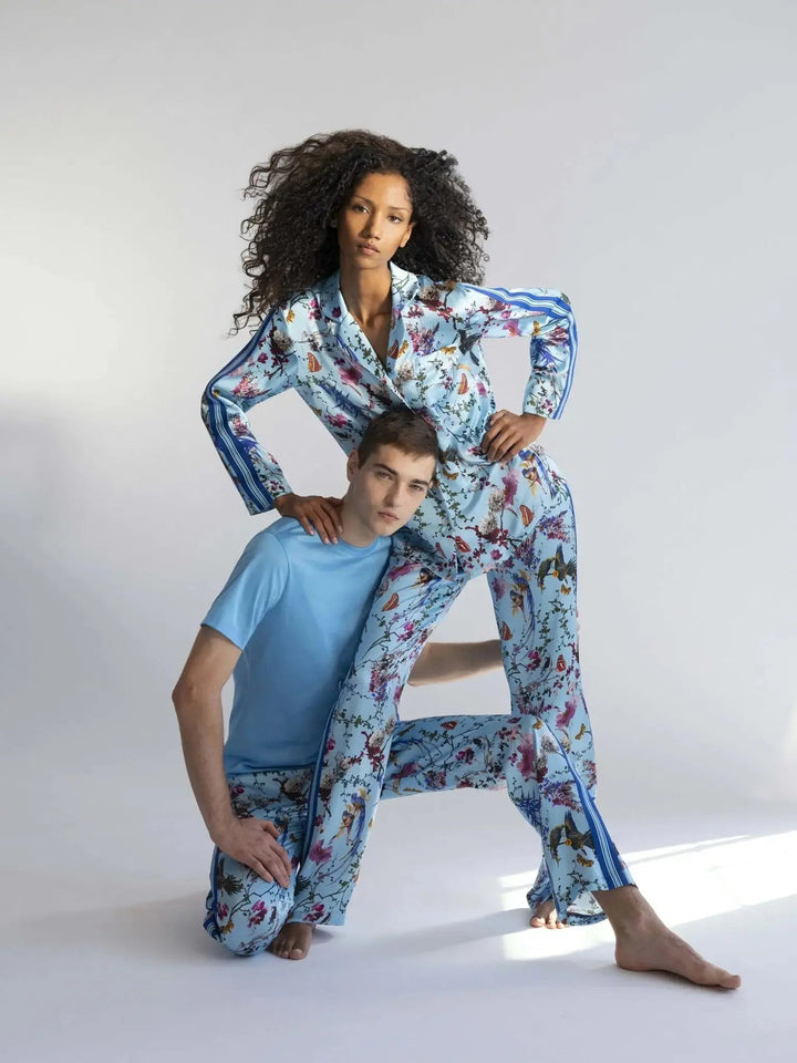 Women's Birds And Butterflies Silk Pajama Set With Stripe - Nigel Curtiss