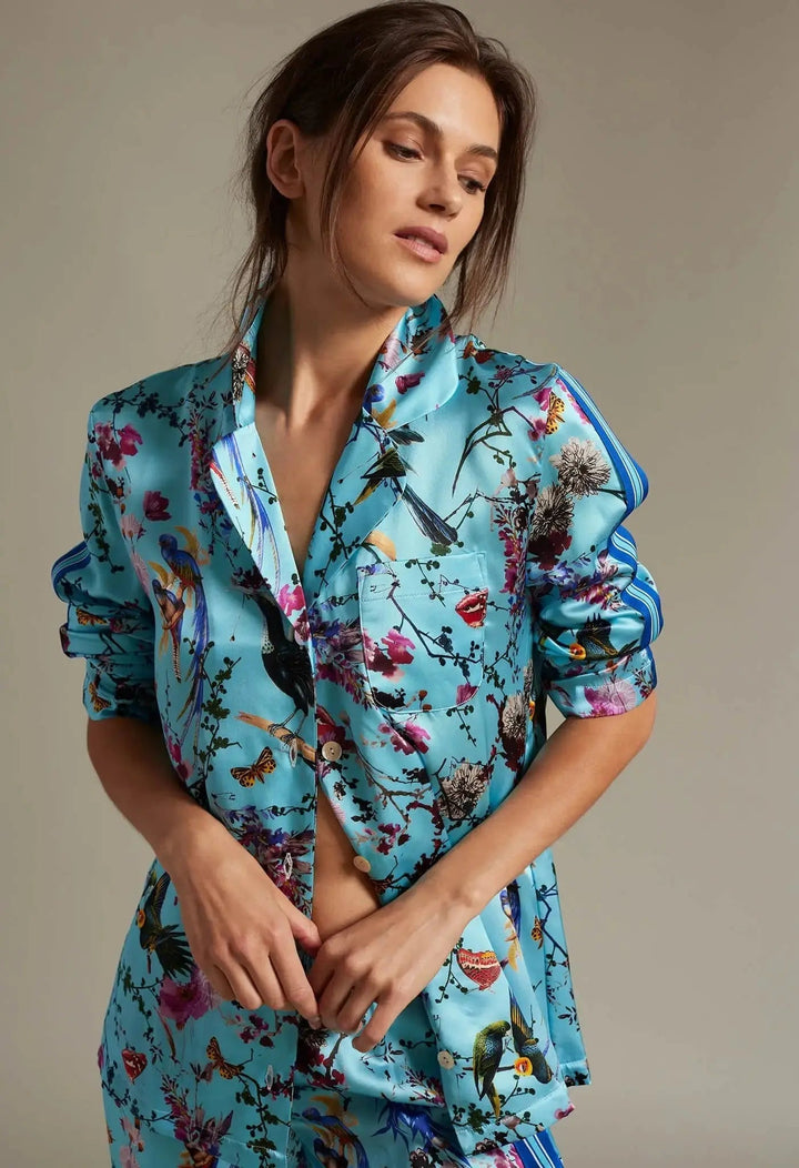 Women's Birds And Butterflies Silk Pajama Set With Stripe - Nigel Curtiss