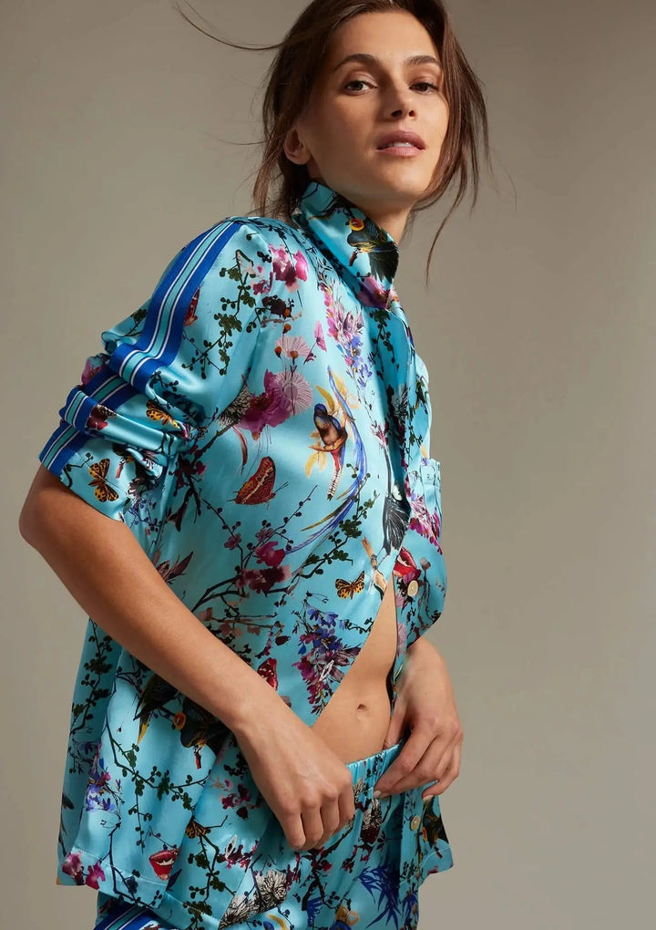 Women's Birds And Butterflies Silk Pajama Set With Stripe - Nigel Curtiss