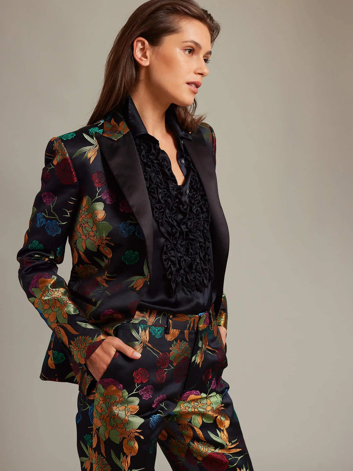 Women's Black Floral Brocade Tuxedo Jacket | Made To Order - Nigel Curtiss