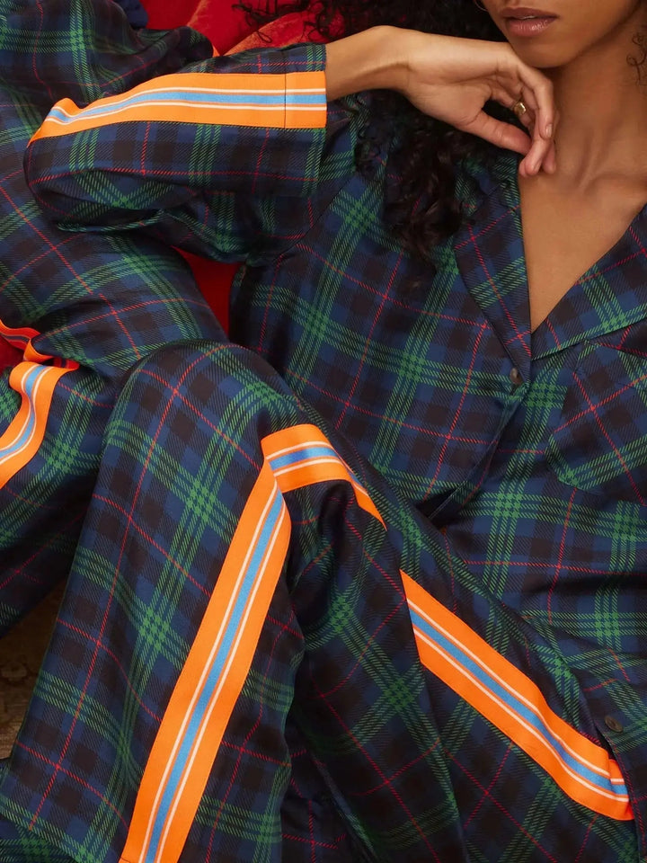 Women's Blackwatch Tartan Silk Pajama Set With Stripe - Nigel Curtiss