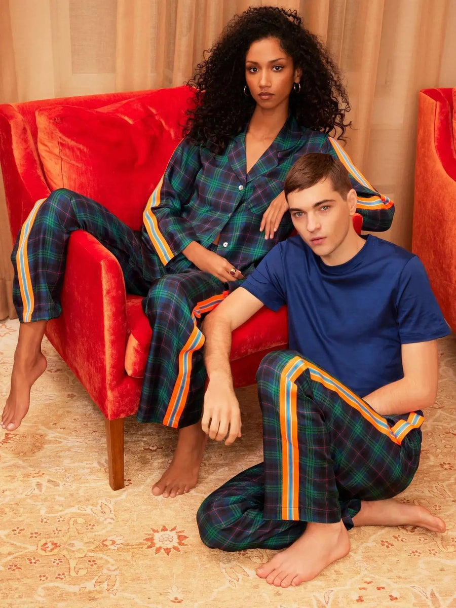 Women's Blackwatch Tartan Silk Pajama Set With Stripe - Nigel Curtiss